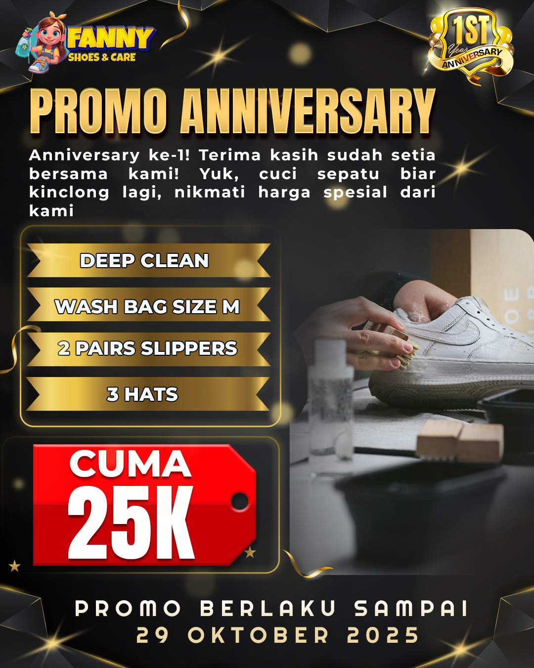 Professional shoe cleaning service brochure showing before and after images of dirty sneakers transformed to pristine condition, with blue gradient background, service pricing list, contact information, and Fanny Shoes And Care logo in modern design layout